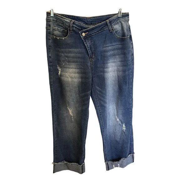 NWT Mekool Women Jeans Cuffed, Hemline Side Zip Up Button School stretch 2XL - Picture 1 of 11